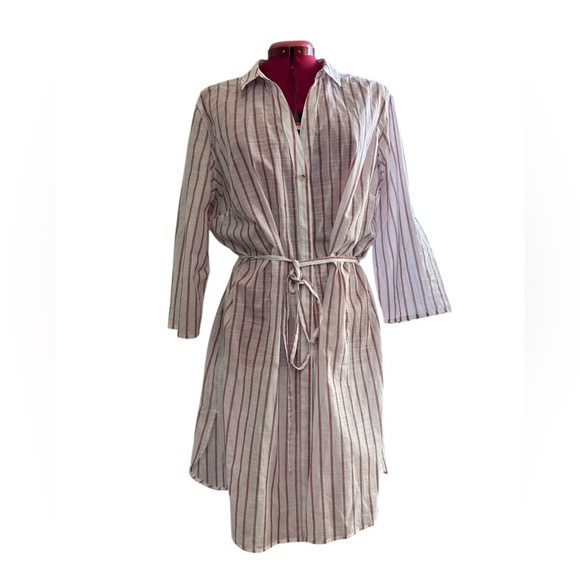 Anko cotton 3/4 length sleeve buttondown stripe swim coverup waist tie - Picture 1 of 8